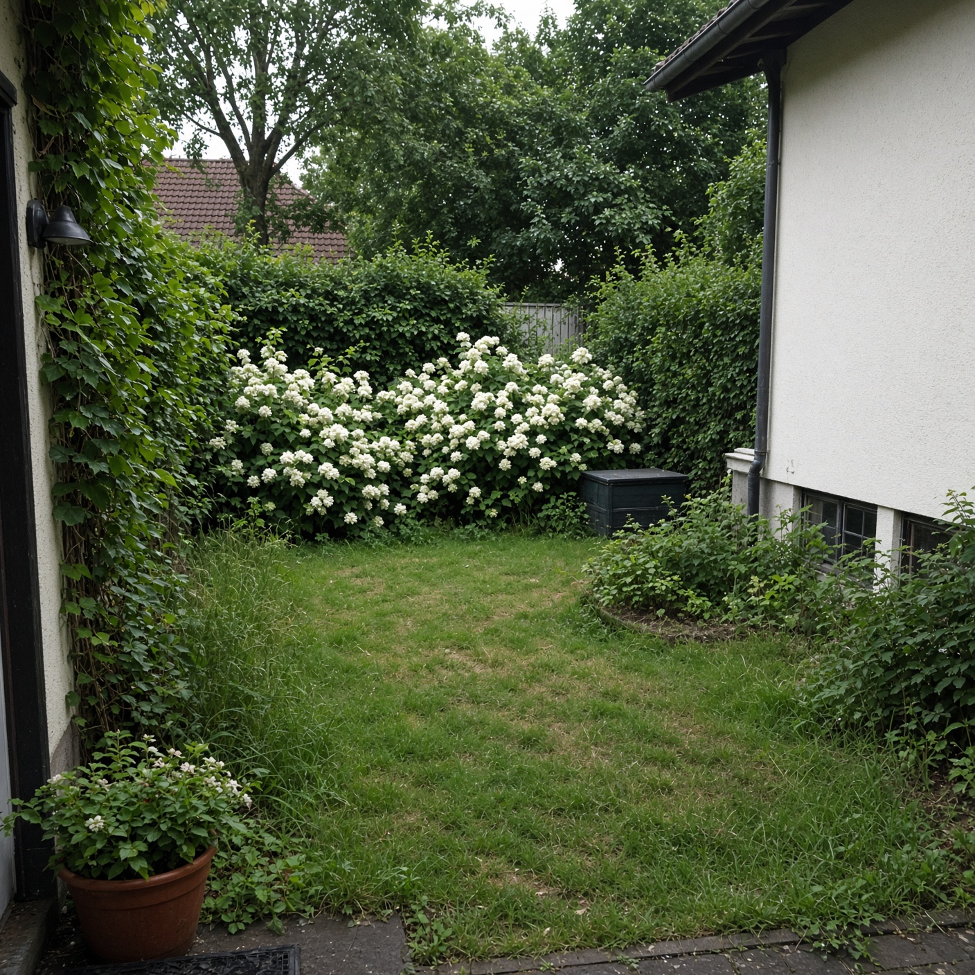 Gartenarbeiten Saarbrücken – Vorher: ungemähter, ungepflegter Garten vor den Arbeiten